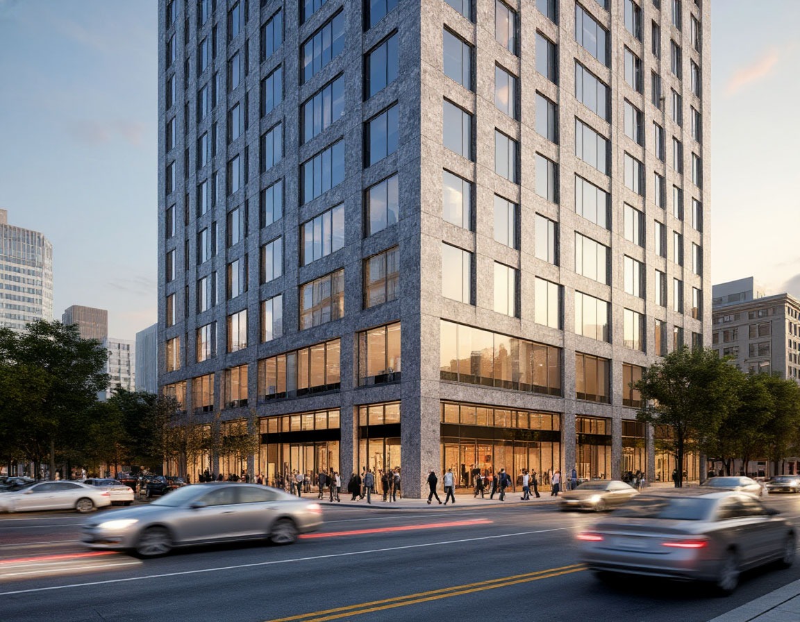 Вентилируемый фасад высотного здания с керамогранитной облицовкой