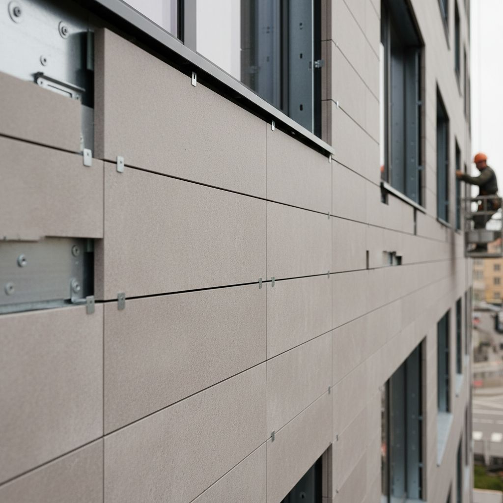 Керамогранитные плиты на вентилируемом фасаде, закреплённые на кляммеры