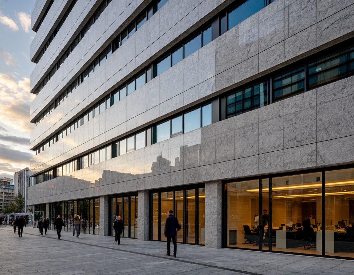 Натуральный камень в составе навесного вентилируемого фасада делового центра