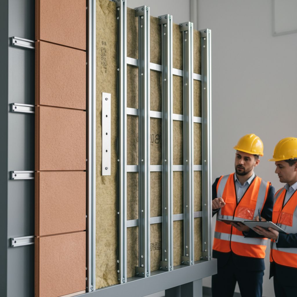 Фрагмент вентилируемого фасада с огнепреградительными рассечками и утеплителем