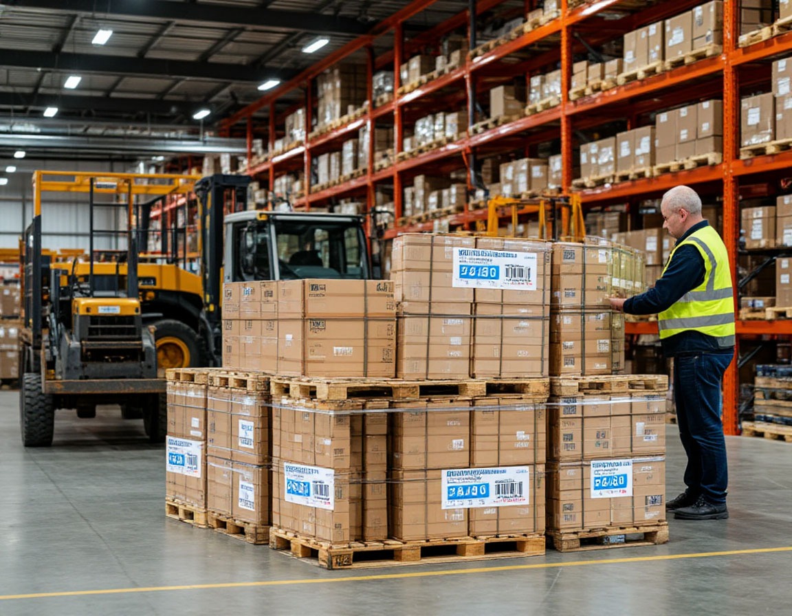 Погрузка паллет с фасадными материалами на складе перед отгрузкой на объект