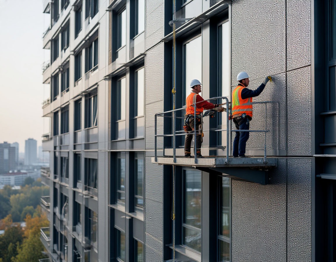 Мойка и инспекция вентилируемого фасада с фасадной люльки