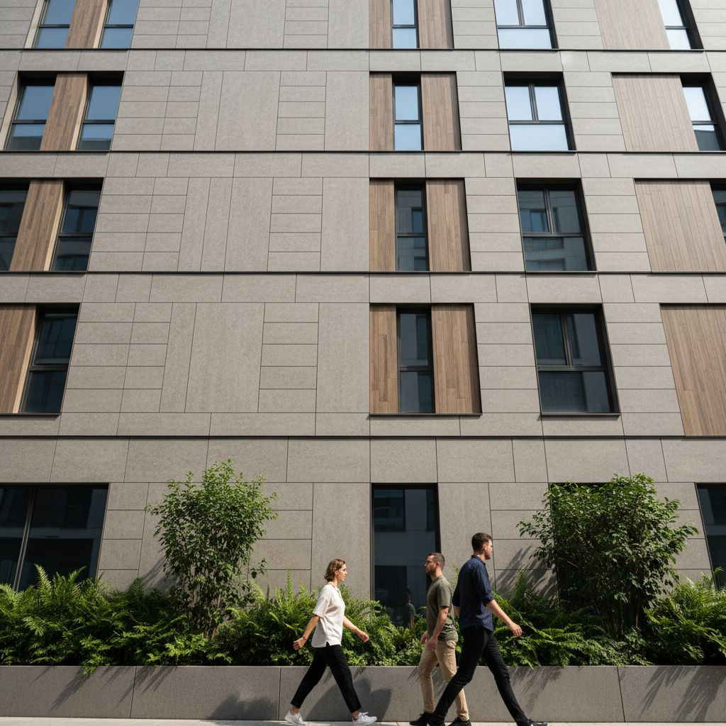 Современное энергоэффективное здание с экологичным вентилируемым фасадом и зелёными насаждениями