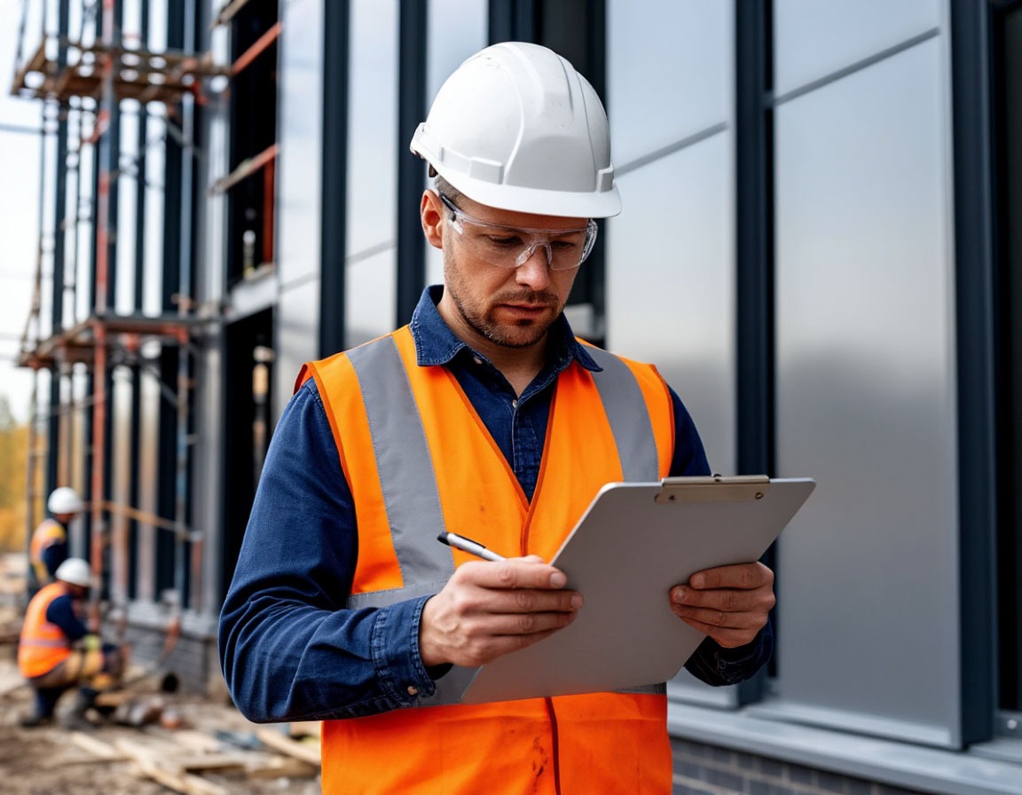 Инженер авторского надзора с чек-листом на фоне монтируемого вентфасада