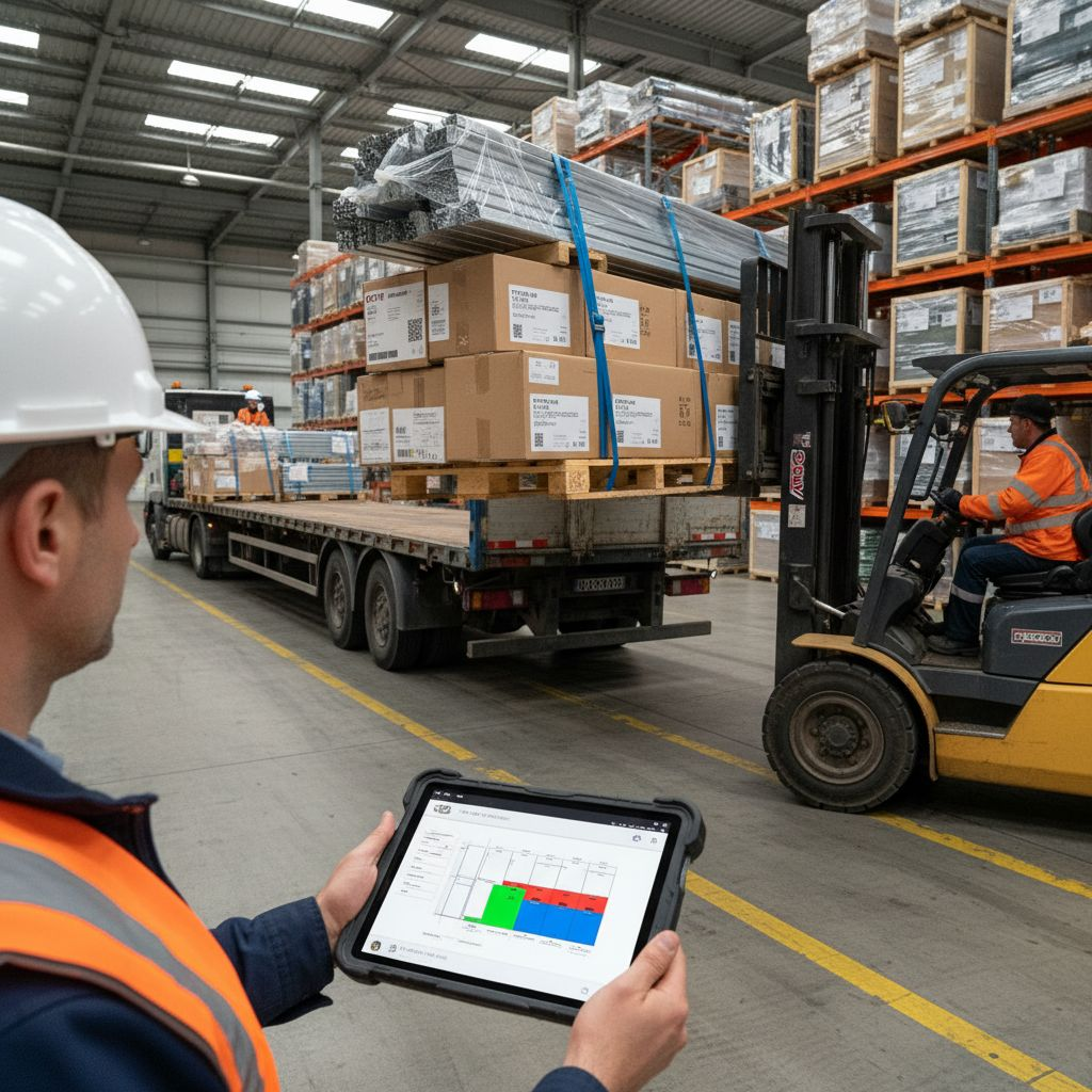 Погрузка фасадных комплектующих, отслеживаемая по цифровому логистическому плану