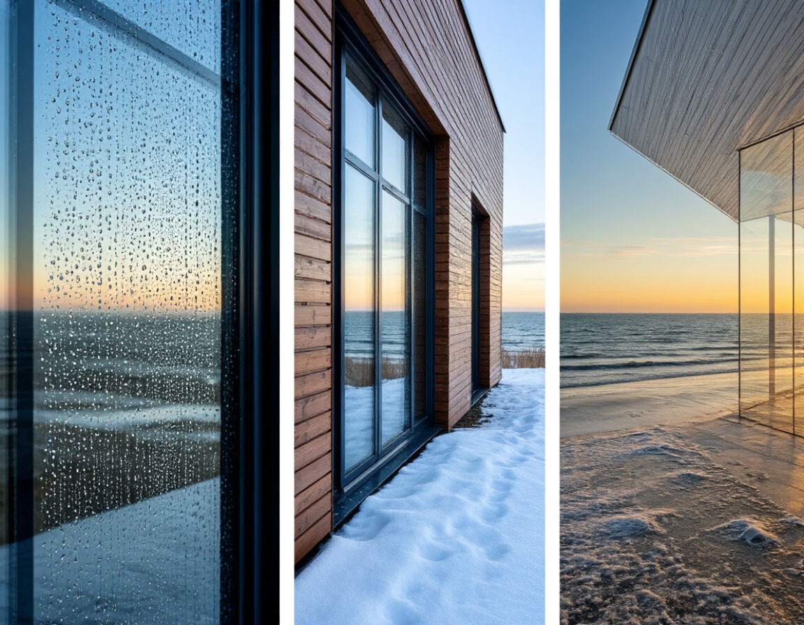 Сравнение фасадов в разных климатических условиях: дождливый, снежный и приморский климат