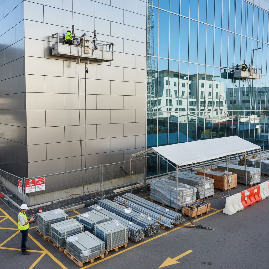 Строительная площадка при монтаже вентилируемого фасада с зонами складирования и фасадными люльками
