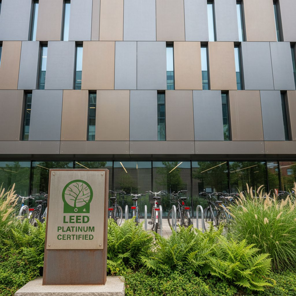 Современное здание с зелёным сертификационным знаком и вентилируемым фасадом