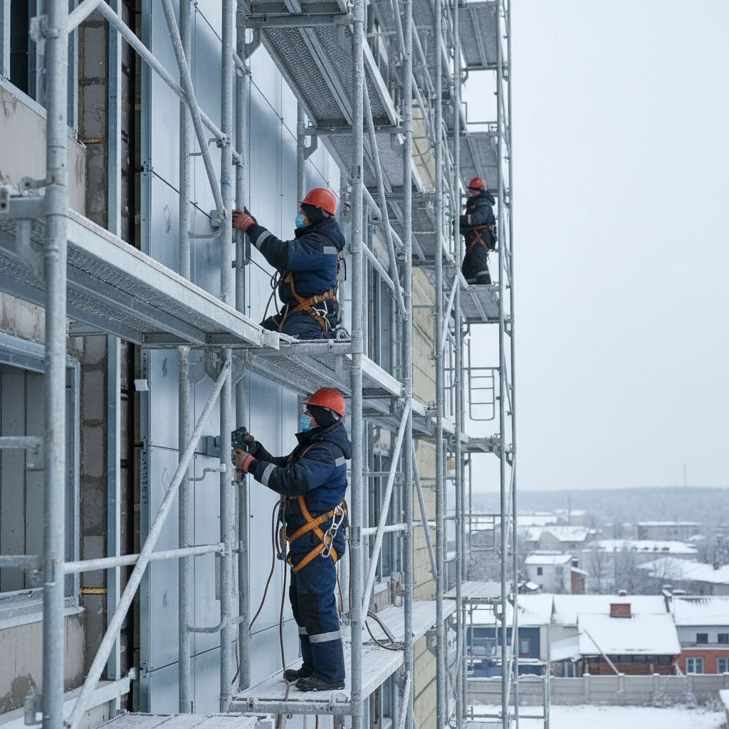 Монтаж вентилируемого фасада зимой на лесах, покрытых снегом