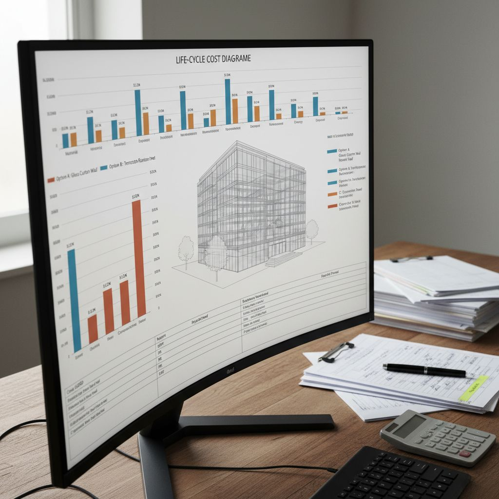 Диаграмма стоимости жизненного цикла фасада на фоне 3D-модели здания