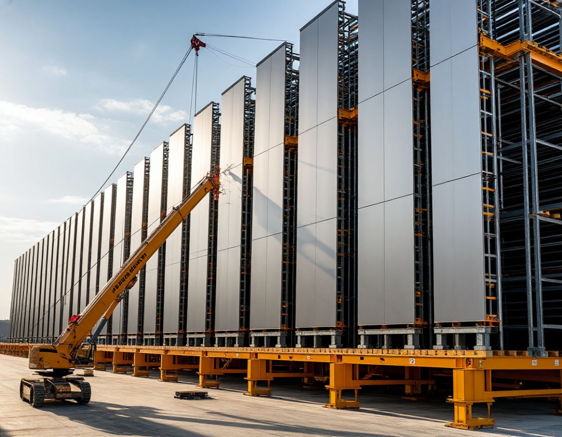 Склад крупноформатных фасадных панелей на специальных рамах и их погрузка краном
